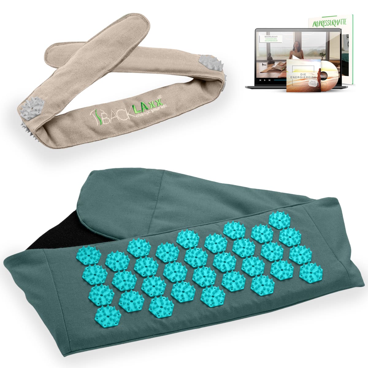 BACKLAXX Akupress to go Bundle bestehend aus Lendengurt tuerkis und Kopfband natur - Kombinierbar mit Online-Kursen und der Energielehre für ganzheitliche Wellnessanwendung