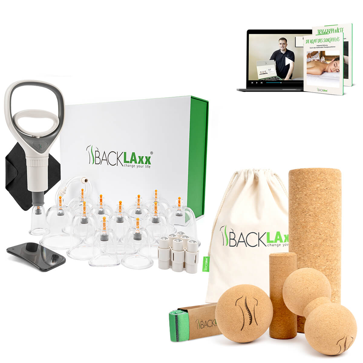 BACKLAXX Wellness-Komplettset mit Schröpfgläsern, Kork-Massagehilfen und Online-Anleitung - Umfassende Produktreihe für Selbstmassage und Faszientraining
