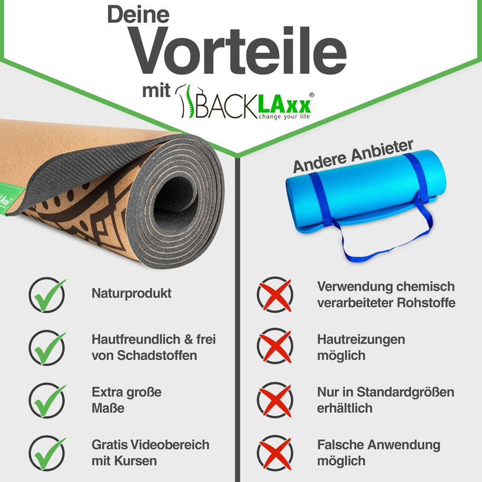 Backlaxx Yogamatte XL aus Naturmaterial - Hautfreundlich, schadstofffrei und extra groß im Vergleich zu Standard-Yogamatten aus chemischen Materialien
