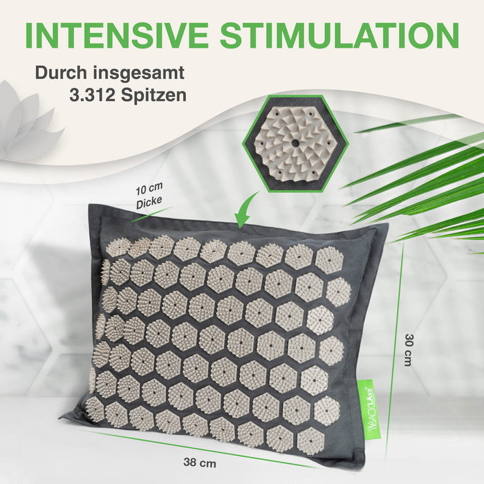 Nahaufnahme des grauen BACKLAXX Akupressurkissens mit Maßangaben: 38x30x10cm, 3.312 Akupressurspitzen deutlich sichtbar