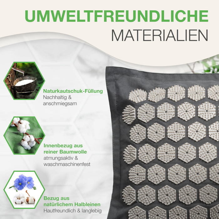 BACKLAXX Akupressurkissen Detailaufnahme der weißen hexagonalen Akupressurspitzen auf grauem Bezug
