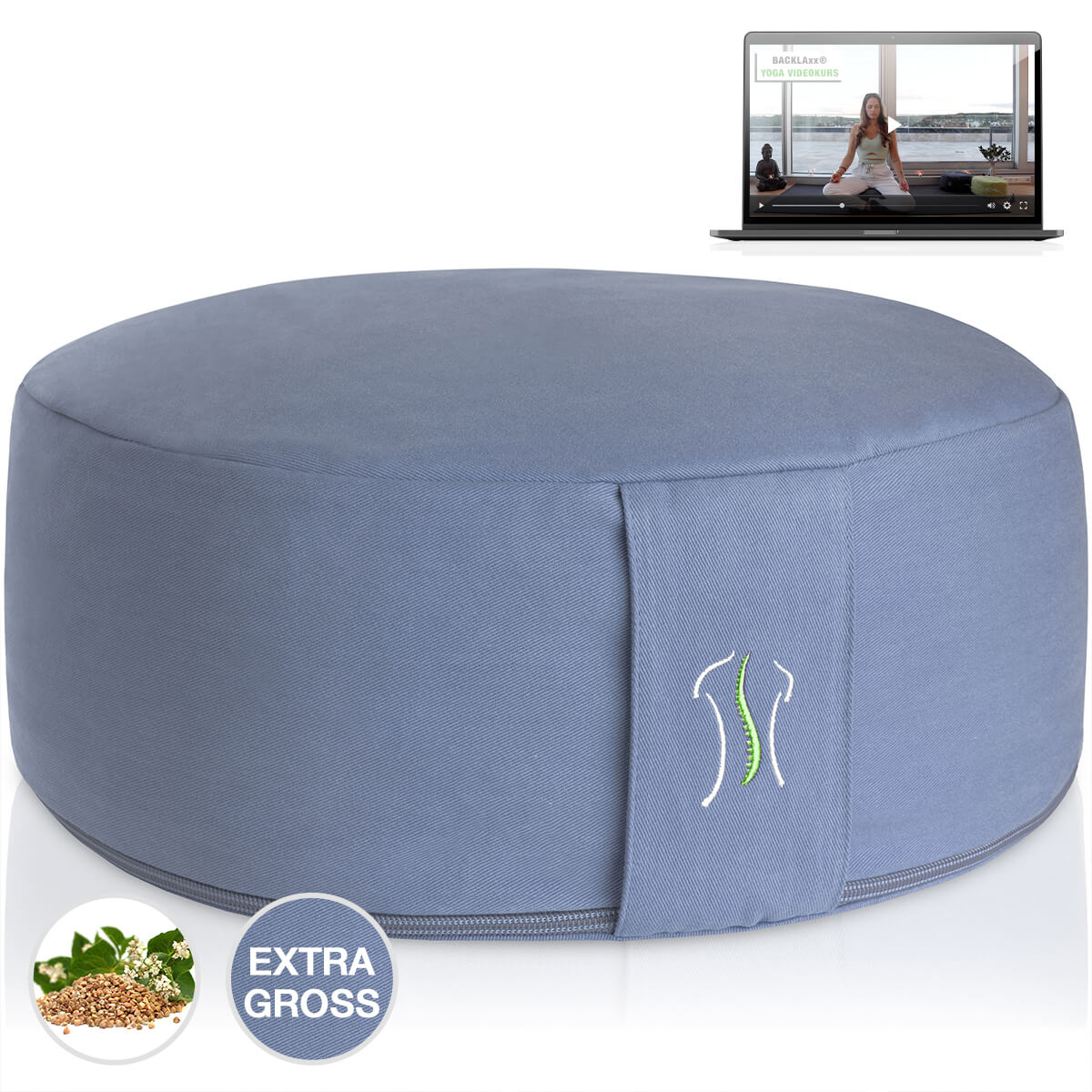 Rundes Kissen kornblumenblau mit Naht, neben einem Laptop mit Yoga-Video
