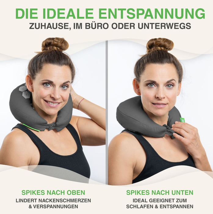 Graues Nackenkissen mit beidseitiger Anwendungsmöglichkeit - Spikes nach oben zur Schmerzlinderung oder nach unten zum Schlafen, ideal für zuhause und unterwegs
