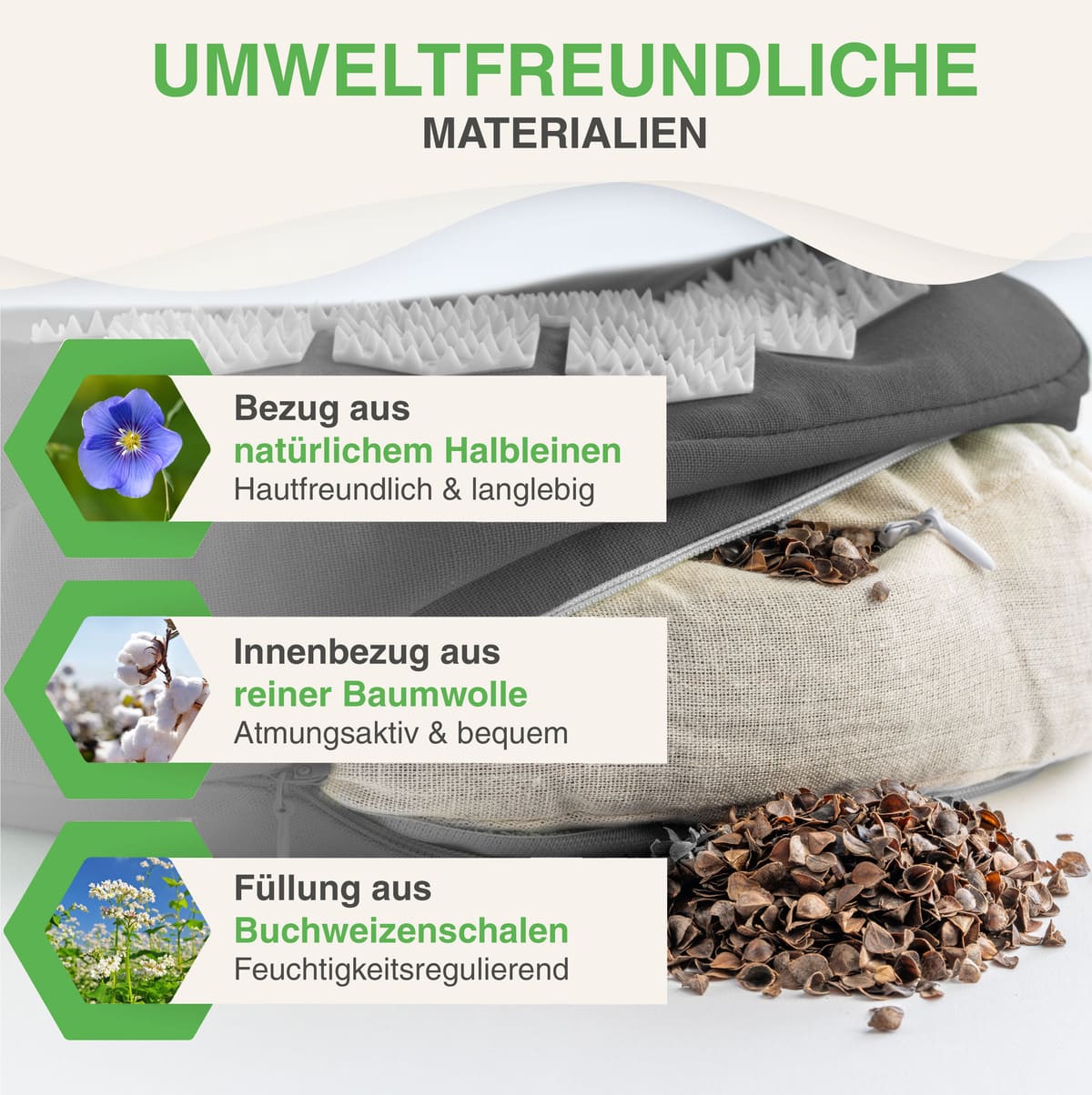 Umweltfreundliche Materialien für Akupressur-Nackenkissen - Natürliches Halbleinen außen, reine Baumwolle innen und feuchtigkeitsregulierende Buchweizenschalen
