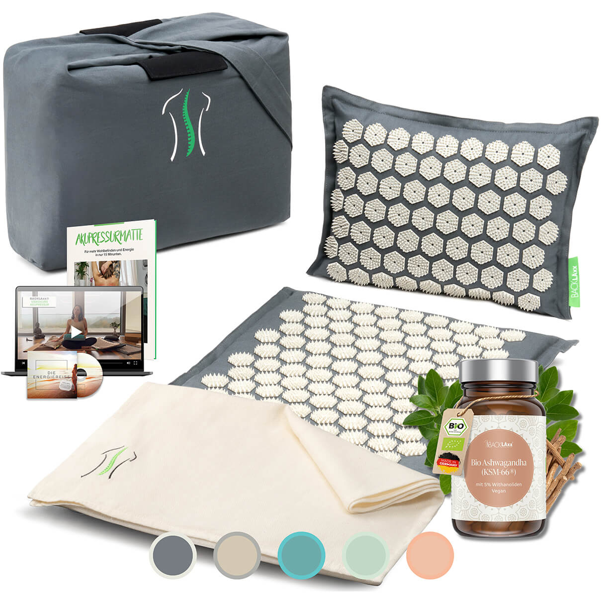 BACKLAXX Wellness-Set mit grauer Akupressurmatte, Kissen, Tragetasche und Bio-Ashwagandha KSM-66® - Ganzheitliches Entspannungspaket mit digitalen Anleitungen
