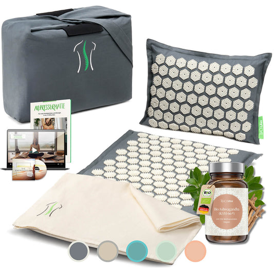 BACKLAXX Wellness-Set mit grauer Akupressurmatte, Kissen, Tragetasche und Bio-Ashwagandha KSM-66® - Ganzheitliches Entspannungspaket mit digitalen Anleitungen
