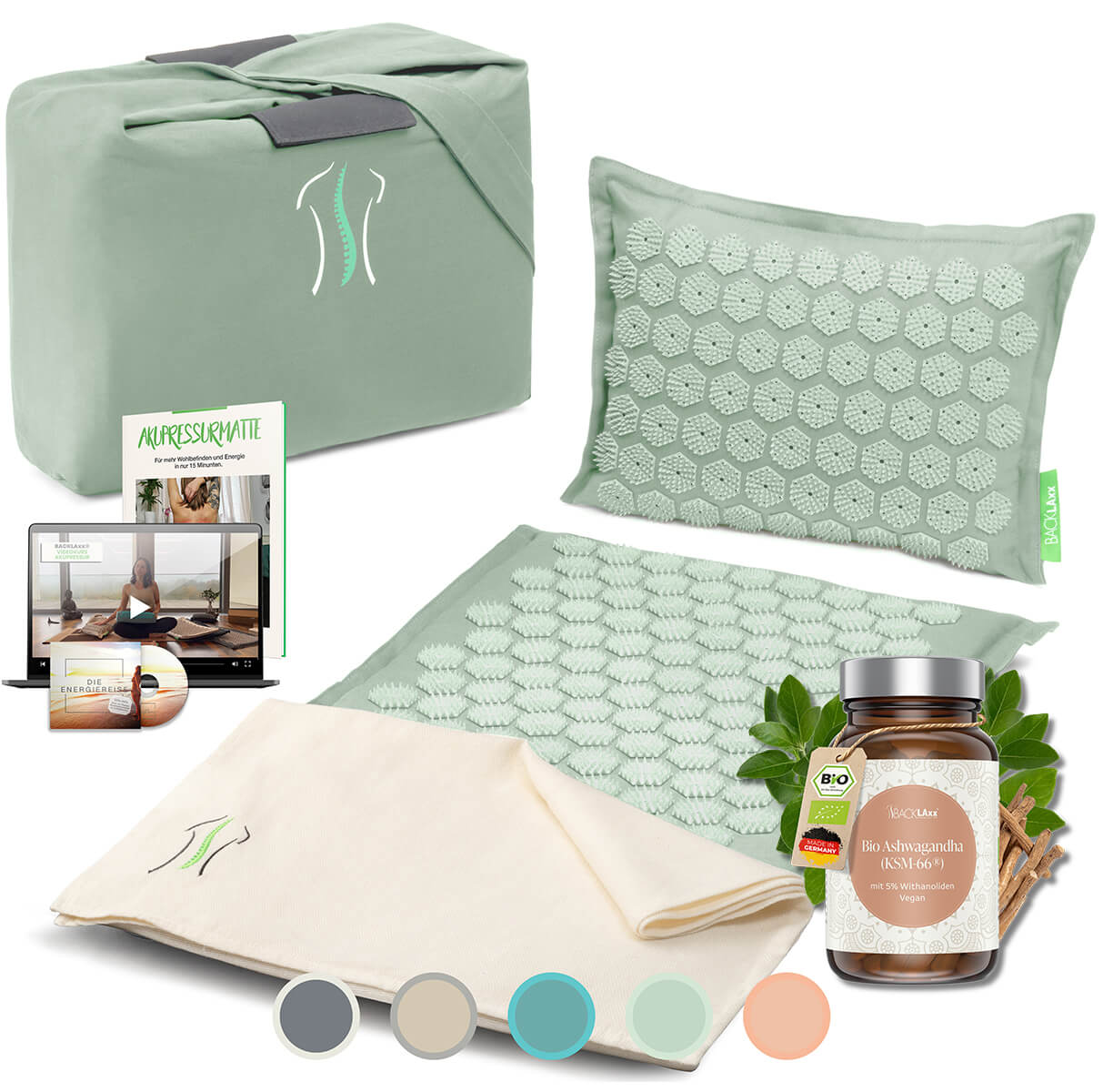 BACKLAXX Wellness-Set mit mintgruene Akupressurmatte, Kissen, Tragetasche und Bio-Ashwagandha KSM-66® - Ganzheitliches Entspannungspaket mit digitalen Anleitungen
