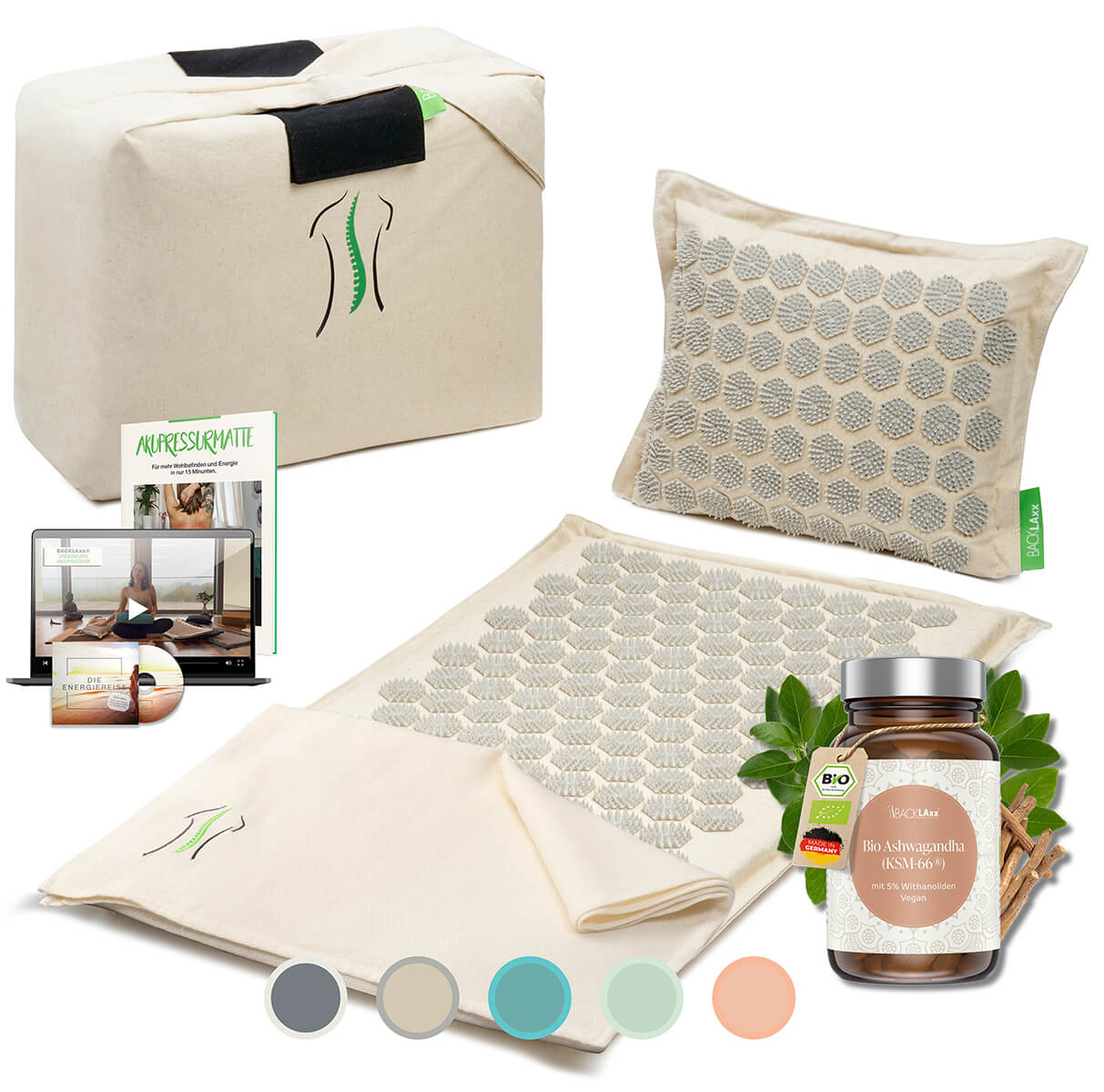 BACKLAXX Wellness-Set mit naturfarben Akupressurmatte, Kissen, Tragetasche und Bio-Ashwagandha KSM-66® - Ganzheitliches Entspannungspaket mit digitalen Anleitungen
