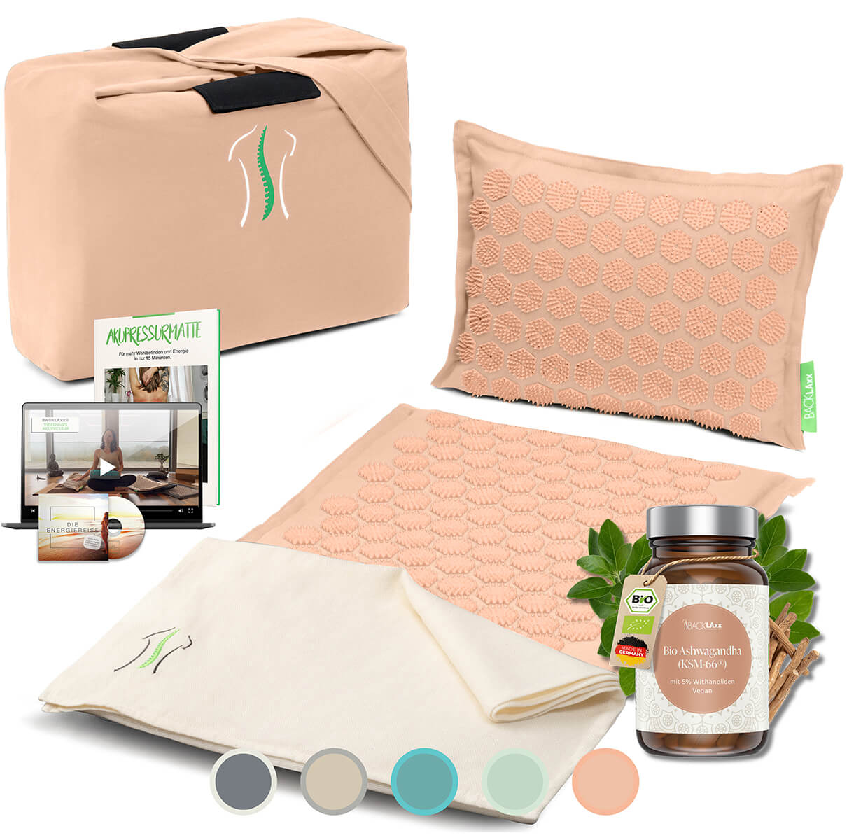 BACKLAXX Wellness-Set mit pastellrosé Akupressurmatte, Kissen, Tragetasche und Bio-Ashwagandha KSM-66® - Ganzheitliches Entspannungspaket mit digitalen Anleitungen
