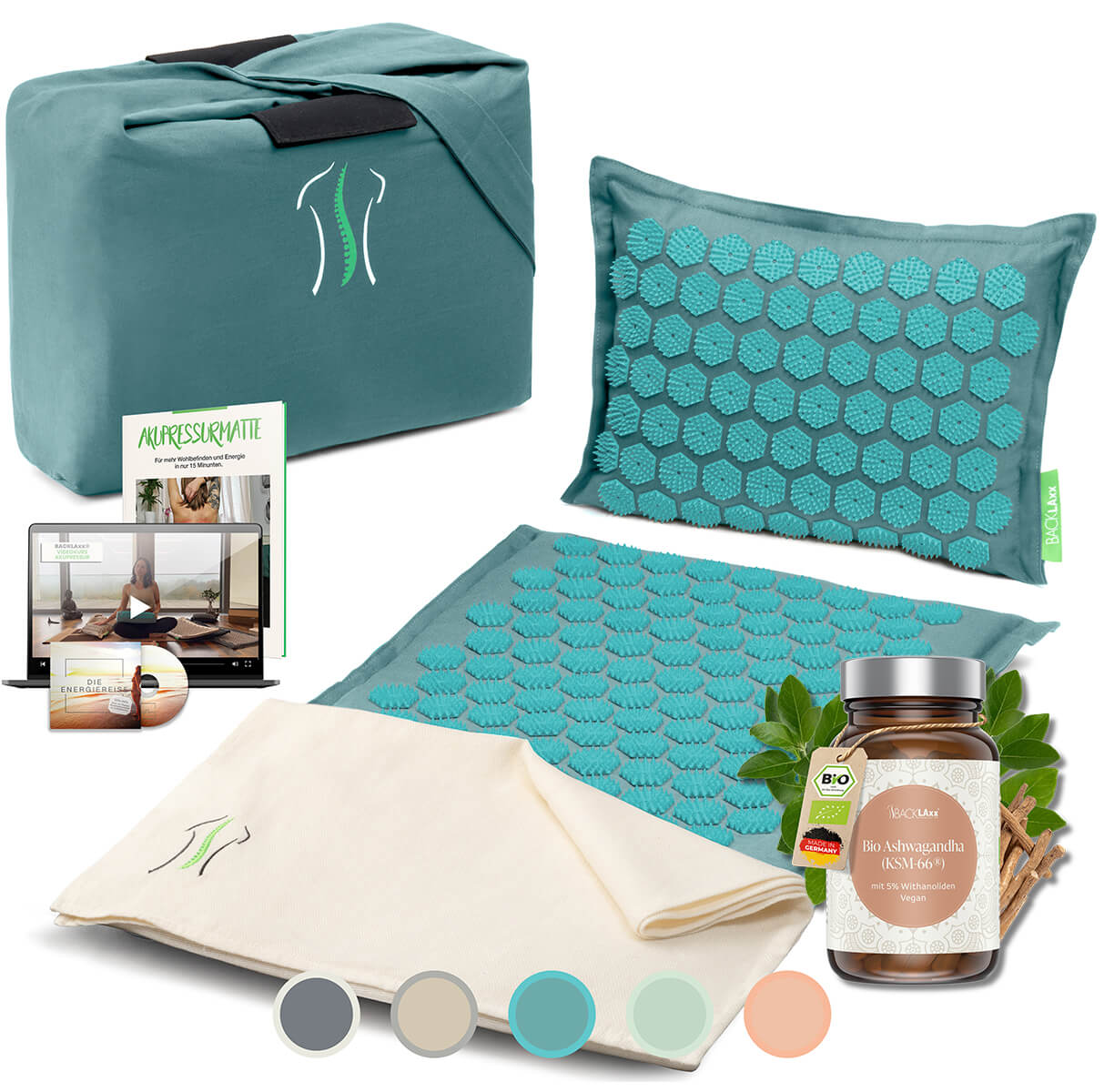 BACKLAXX Wellness-Set mit türkiser Akupressurmatte, Kissen, Tragetasche und Bio-Ashwagandha KSM-66® - Ganzheitliches Entspannungspaket mit digitalen Anleitungen
