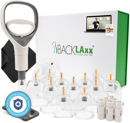 Cupping-Set mit Plastikbechern, Pumpe, Laptophintergrund mit Anleitungs-Video