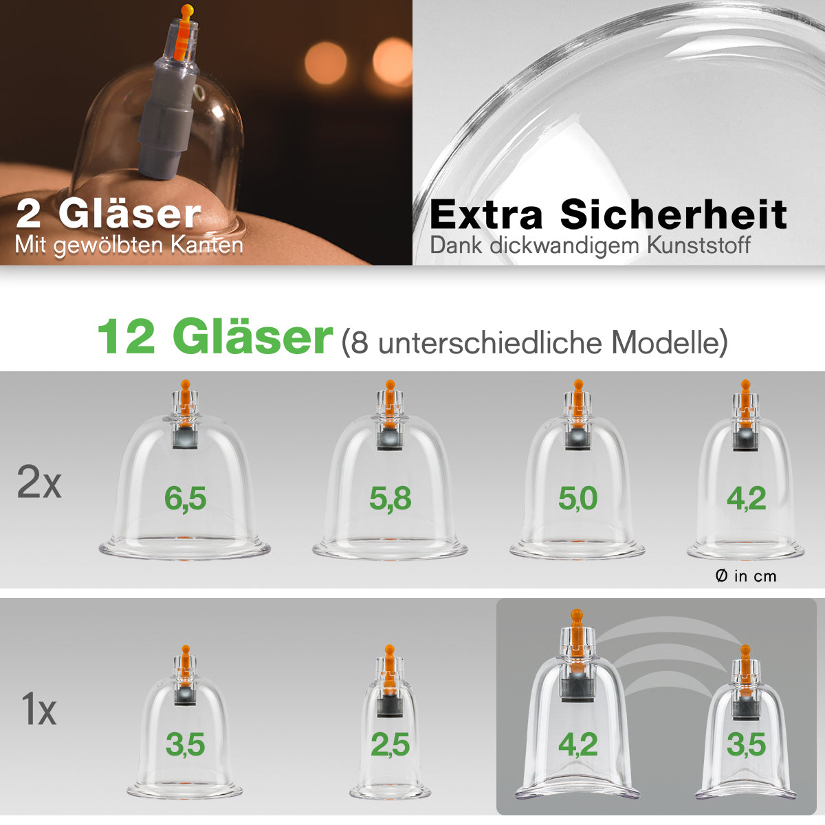 BACKLAXX 12er Schröpfglas-Set mit 8 verschiedenen Größen - Sicherheitsoptimierte dickwandige Gläser von 2,5 cm bis 6,5 cm Durchmesser mit gewölbten Kanten