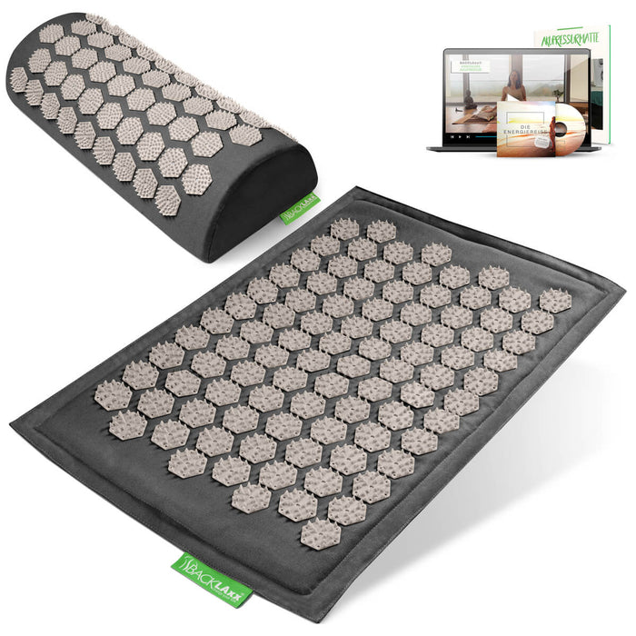 BACKLAXX Akupressurfußmatte-Set in Dunkelgrau mit Nackenkissen  - für Entspannung und Schmerzlinderung mit Online-Anleitung
