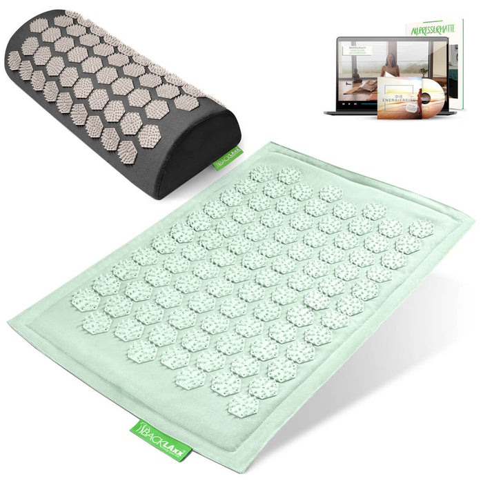 BACKLAXX Akupressurfußmatte-Set in mintgrün mit Nackenkissen grau  - für Entspannung und Schmerzlinderung mit Online-Anleitung
