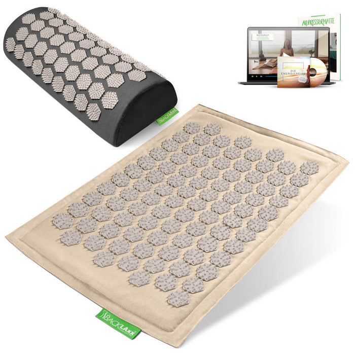 BACKLAXX Akupressurfußmatte-Set in naturfarben mit Nackenkissen grau  - für Entspannung und Schmerzlinderung mit Online-Anleitung
