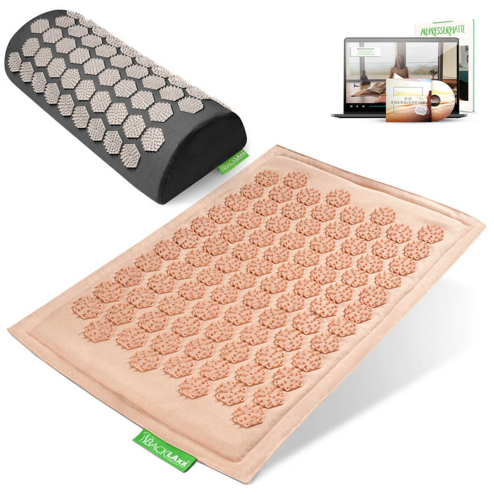 BACKLAXX Akupressurfußmatte-Set in rosé mit Nackenkissen grau - für Entspannung und Schmerzlinderung mit Online-Anleitung
