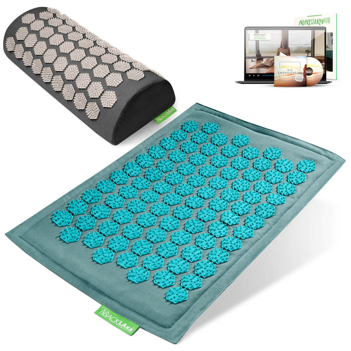 BACKLAXX Akupressurfußmatte-Set in türkis mit Nackenkissen grau - für Entspannung und Schmerzlinderung mit Online-Anleitung

