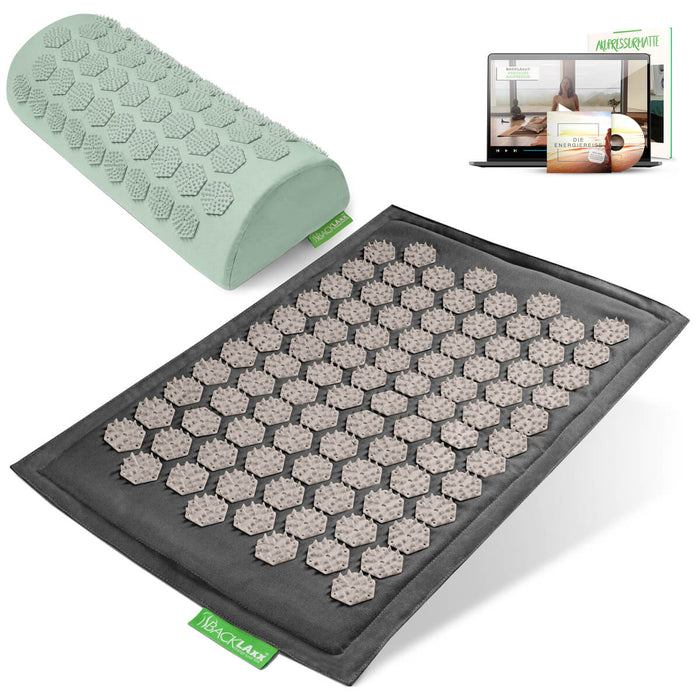 BACKLAXX Akupressurfußmatte-Set in grau mit Nackenkissen mitgrün - für Entspannung und Schmerzlinderung mit Online-Anleitung
