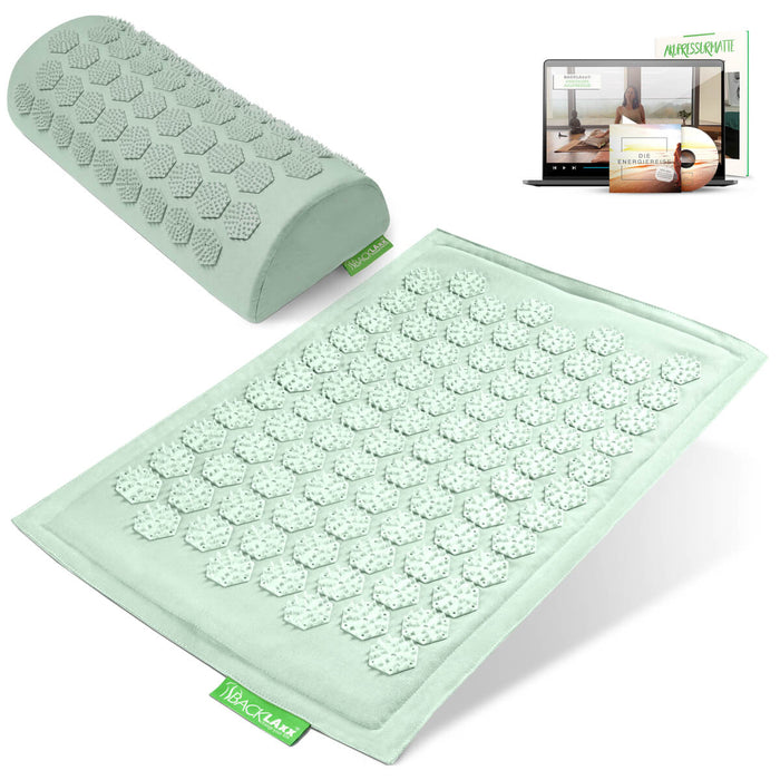 BACKLAXX Akupressurfußmatte-Set in  mintgrün mit Nackenkissen mintgrün - für Entspannung und Schmerzlinderung mit Online-Anleitung
