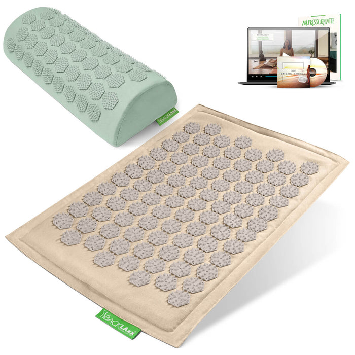 BACKLAXX Akupressurfußmatte-Set in naturfarben mit Nackenkissen mintgrün - für Entspannung und Schmerzlinderung mit Online-Anleitung

