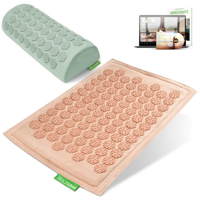 BACKLAXX Akupressurfußmatte-Set in  rosé mit Nackenkissen mintgrün- für Entspannung und Schmerzlinderung mit Online-Anleitung
