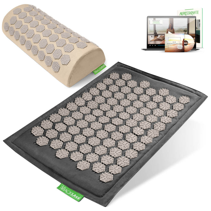 BACKLAXX Akupressurfußmatte-Set in grau mit Nackenkissen naturfarben - für Entspannung und Schmerzlinderung mit Online-Anleitung
