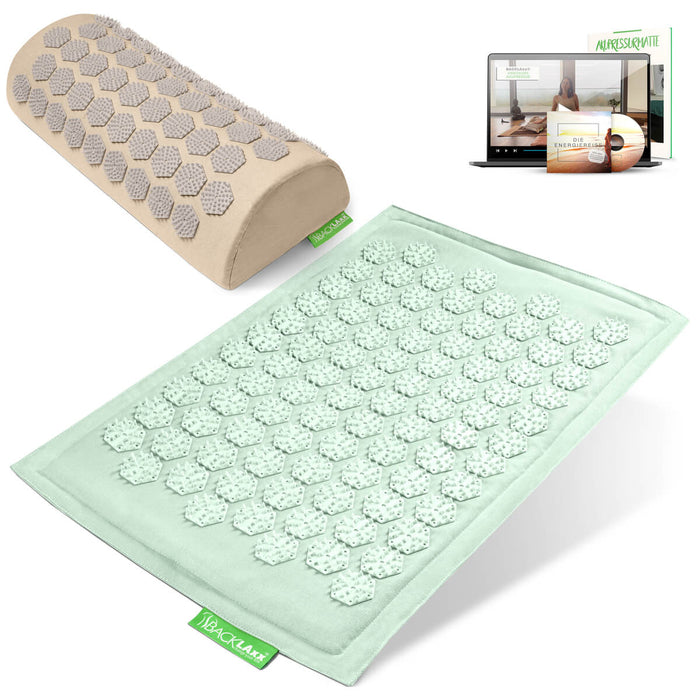 BACKLAXX Akupressurfußmatte-Set in mintgrün mit Nackenkissen natufarben - für Entspannung und Schmerzlinderung mit Online-Anleitung
