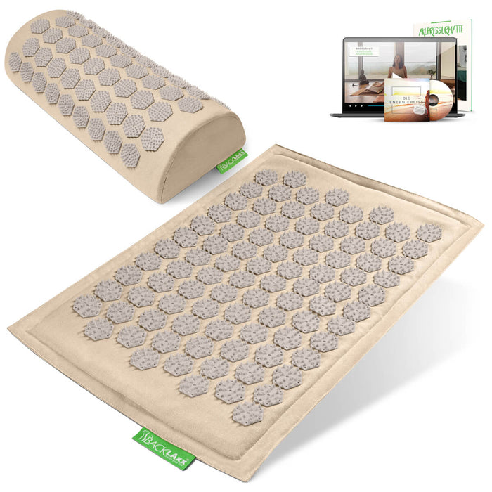 BACKLAXX Akupressurfußmatte-Set in naturfarben mit Nackenkissen naturfarben - für Entspannung und Schmerzlinderung mit Online-Anleitung
