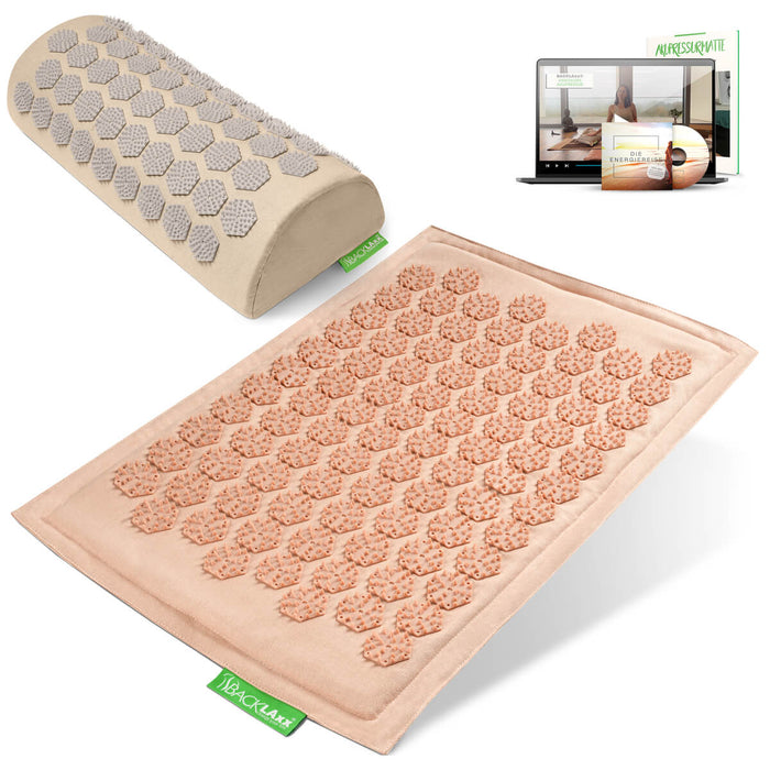 BACKLAXX Akupressurfußmatte-Set in  rosé mit Nackenkissen naturfarben - für Entspannung und Schmerzlinderung mit Online-Anleitung
