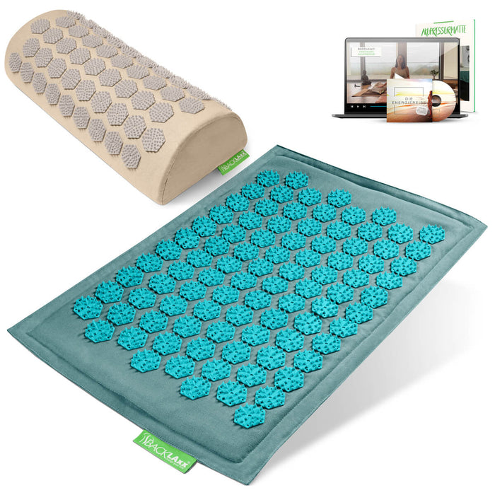 BACKLAXX Akupressurfußmatte-Set in türkis mit Nackenkissen naturfarben - für Entspannung und Schmerzlinderung mit Online-Anleitung
