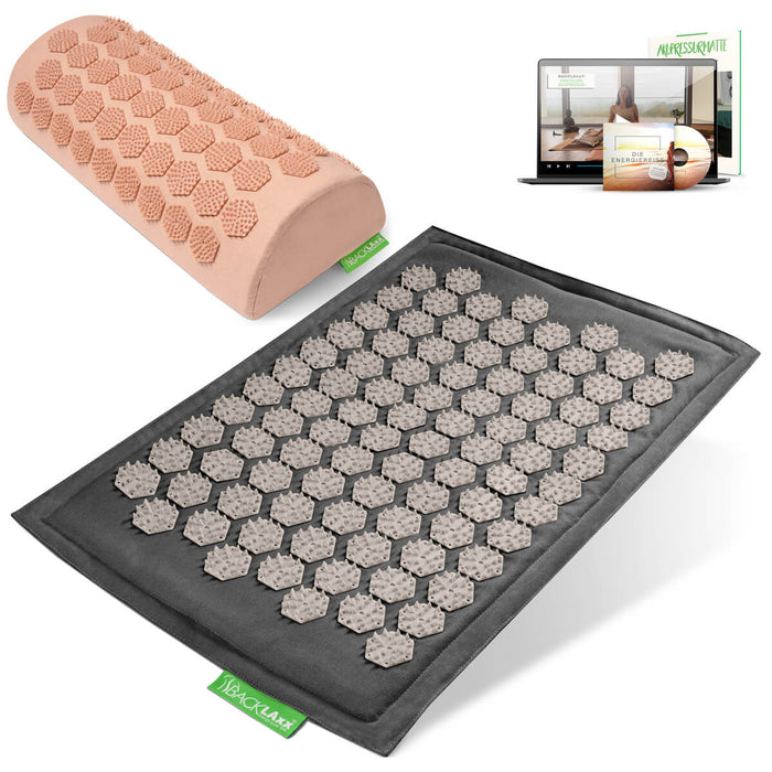 BACKLAXX Akupressurfußmatte-Set in grau mit Nackenkissen pastellrosé - für Entspannung und Schmerzlinderung mit Online-Anleitung
