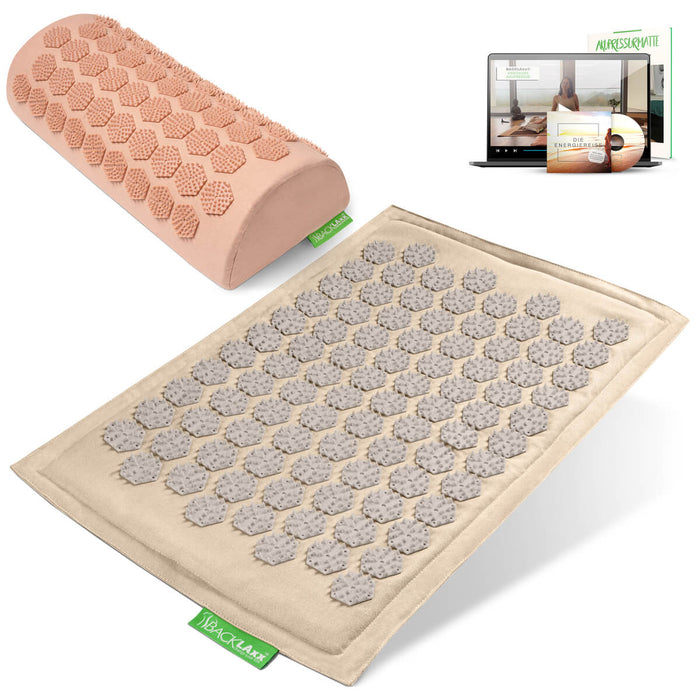 BACKLAXX Akupressurfußmatte-Set in naturfarben mit Nackenkissen rosé - für Entspannung und Schmerzlinderung mit Online-Anleitung
