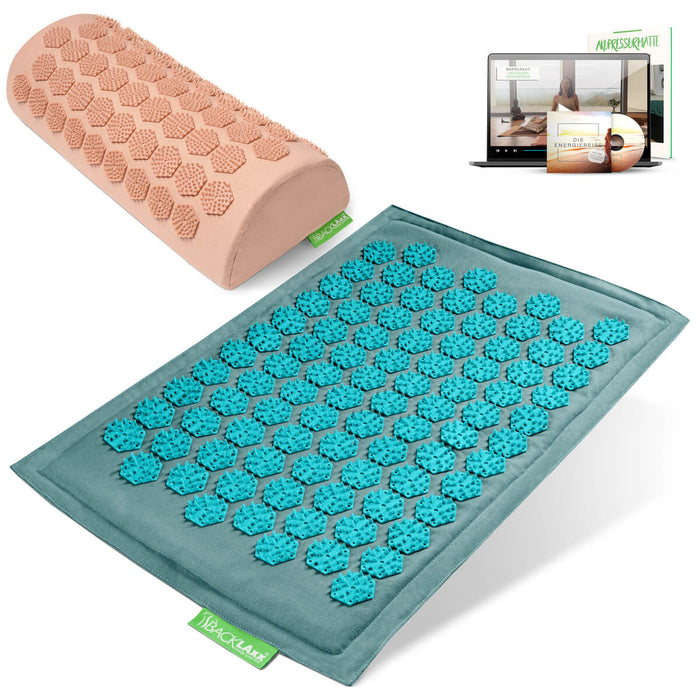 BACKLAXX Akupressurfußmatte-Set in ozentürkis mit Nackenkissen rosé - für Entspannung und Schmerzlinderung mit Online-Anleitung
