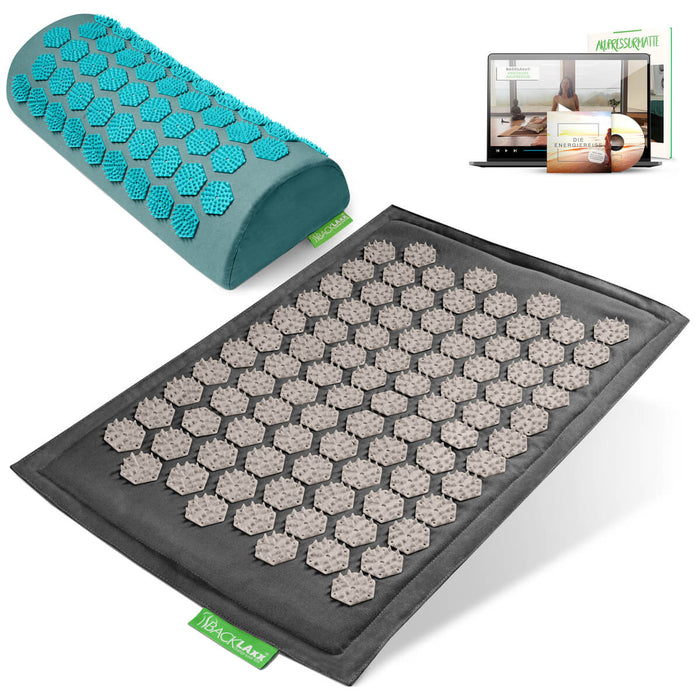 BACKLAXX Akupressurfußmatte-Set in grau mit Nackenkissen türkis - für Entspannung und Schmerzlinderung mit Online-Anleitung
