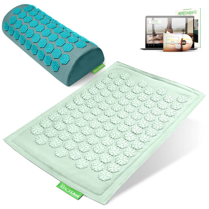 BACKLAXX Akupressurfußmatte-Set in  mintgrün mit Nackenkissen ozentürkis - für Entspannung und Schmerzlinderung mit Online-Anleitung
