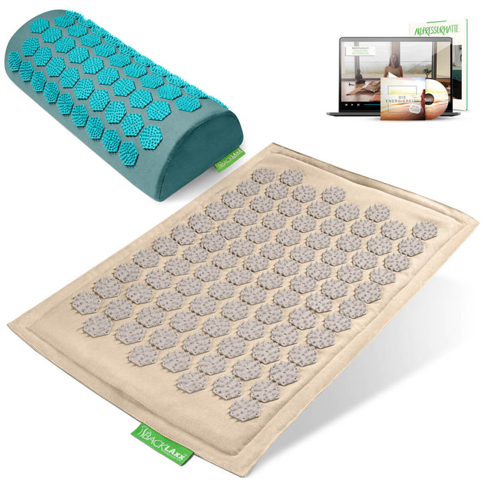 BACKLAXX Akupressurfußmatte-Set in naturfarben mit Nackenkissen türkis - für Entspannung und Schmerzlinderung mit Online-Anleitung
