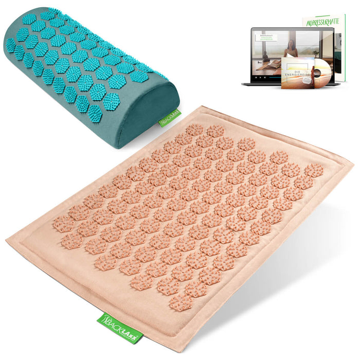 BACKLAXX Akupressurfußmatte-Set in  rosé mit Nackenkissen türkis- für Entspannung und Schmerzlinderung mit Online-Anleitung
