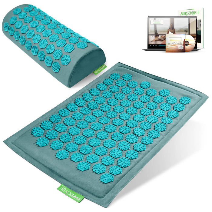 BACKLAXX Akupressurfußmatte-Set in türkis mit Nackenkissen türkis - für Entspannung und Schmerzlinderung mit Online-Anleitung
