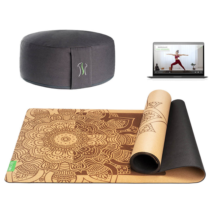 BACKLAXX Meditationsset mit grauem Meditationskissen und brauner Yogamatte mit Mandala-Muster - Inklusive Online-Yogakurs für ganzheitliche Entspannung
