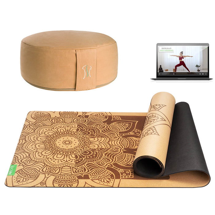 BACKLAXX Meditationsset mit apricotgelbem Meditationskissen und brauner Yogamatte mit Mandala-Muster - Inklusive Online-Yogakurs für ganzheitliche Entspannung
