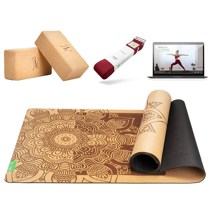 BACKLAXX Yoga-Set mit Mandala-Matte, Kork-Blöcken und dunkelrotem Yogagurt - Inklusive Online-Webinaren für ganzheitliches Yogaerlebnis zuhause
