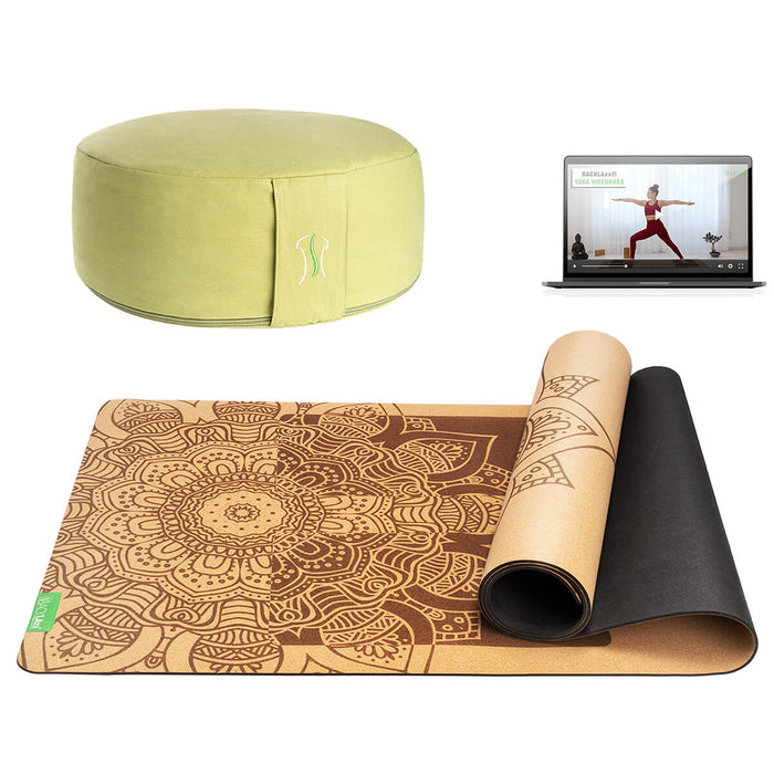 BACKLAXX Meditationsset mit limettengrünem Meditationskissen und brauner Yogamatte mit Mandala-Muster - Inklusive Online-Yogakurs für ganzheitliche Entspannung
