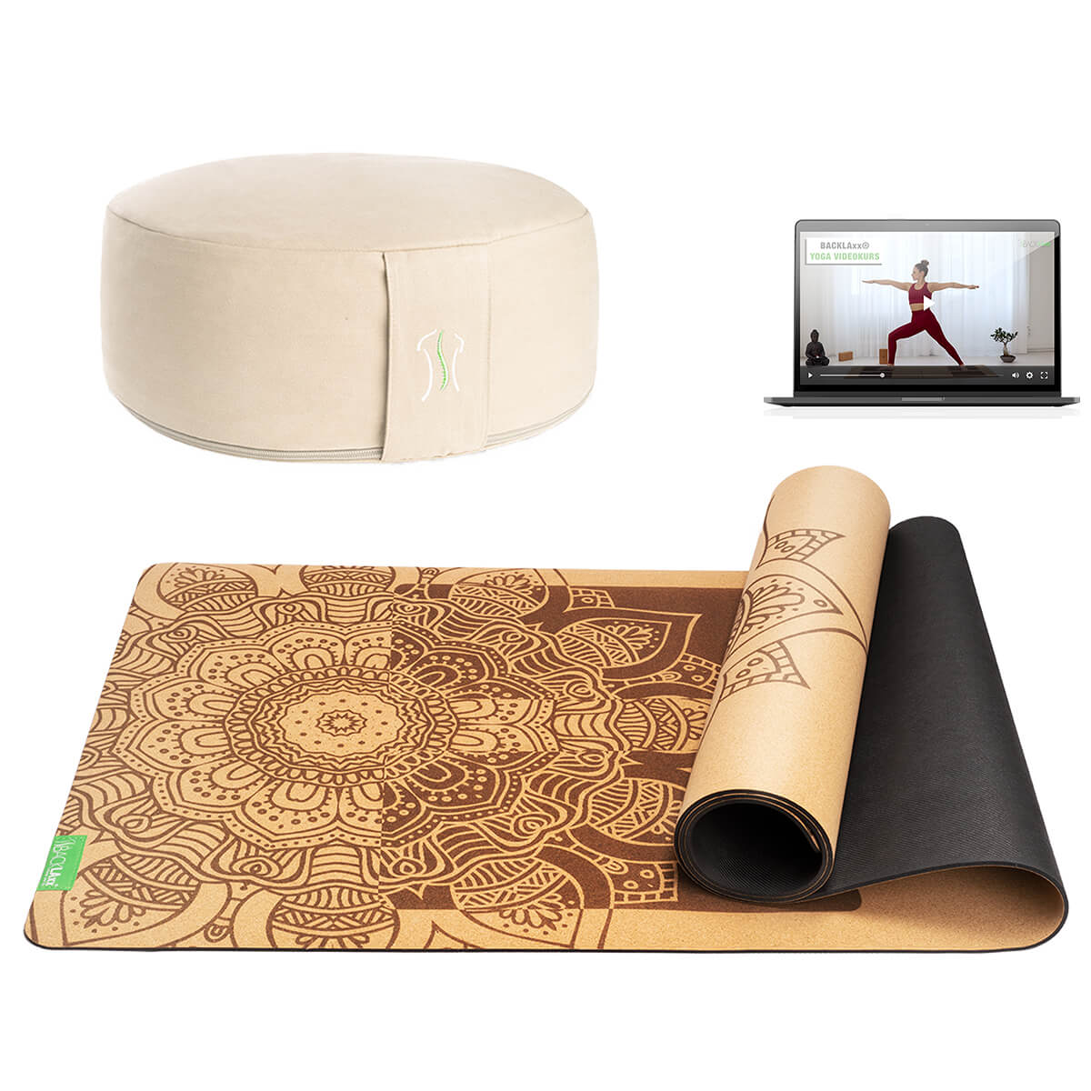 BACKLAXX Meditationsset mit naturfarbenem Meditationskissen und brauner Yogamatte mit Mandala-Muster - Inklusive Online-Yogakurs für ganzheitliche Entspannung
