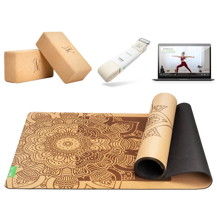 BACKLAXX Meditationsset mit naturfarbenem Yogagurt und brauner Yogamatte mit Mandala-Muster - Inklusive Online-Yogakurs für ganzheitliche Entspannung
