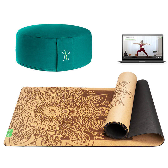 BACKLAXX Meditationsset mit smargdgruenem Meditationskissen und brauner Yogamatte mit Mandala-Muster - Inklusive Online-Yogakurs für ganzheitliche Entspannung
