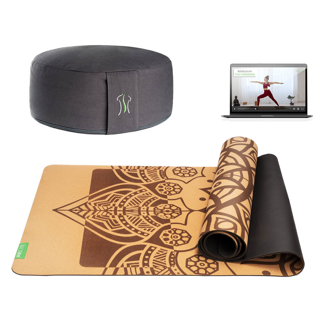 BACKLAXX Meditationsset mit grauem Meditationskissen und brauner Yogamatte mit Mandala-Muster - Inklusive Online-Yogakurs für ganzheitliche Entspannung

