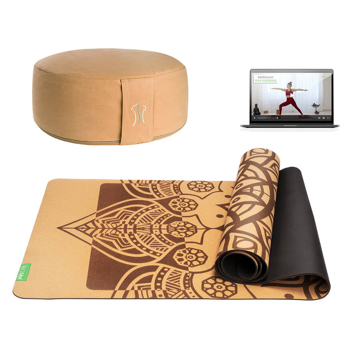 BACKLAXX Meditationsset mit apricotgelbem Meditationskissen und brauner Yogamatte mit Mandala-Muster - Inklusive Online-Yogakurs für ganzheitliche Entspannung
