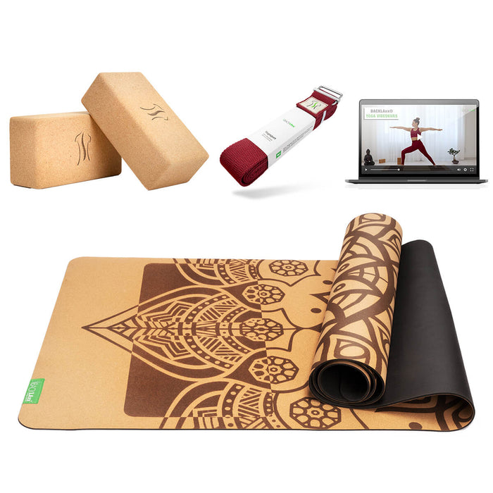 BACKLAXX Yoga-Set mit Mandala-Matte, Kork-Blöcken und rotem Yogagurt - Inklusive Online-Webinaren für ganzheitliches Yogaerlebnis zuhause
