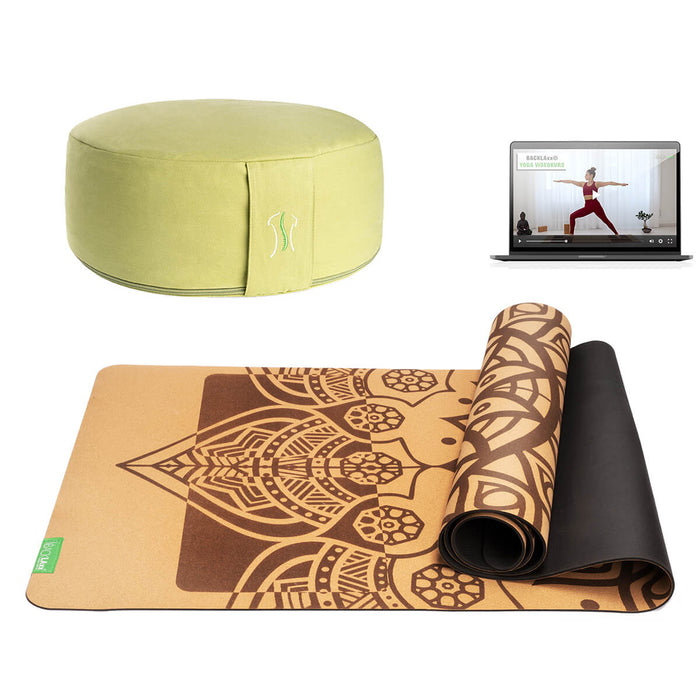 BACKLAXX Meditationsset mit limettengruenen Meditationskissen und brauner Yogamatte mit Mandala-Muster - Inklusive Online-Yogakurs für ganzheitliche Entspannung
