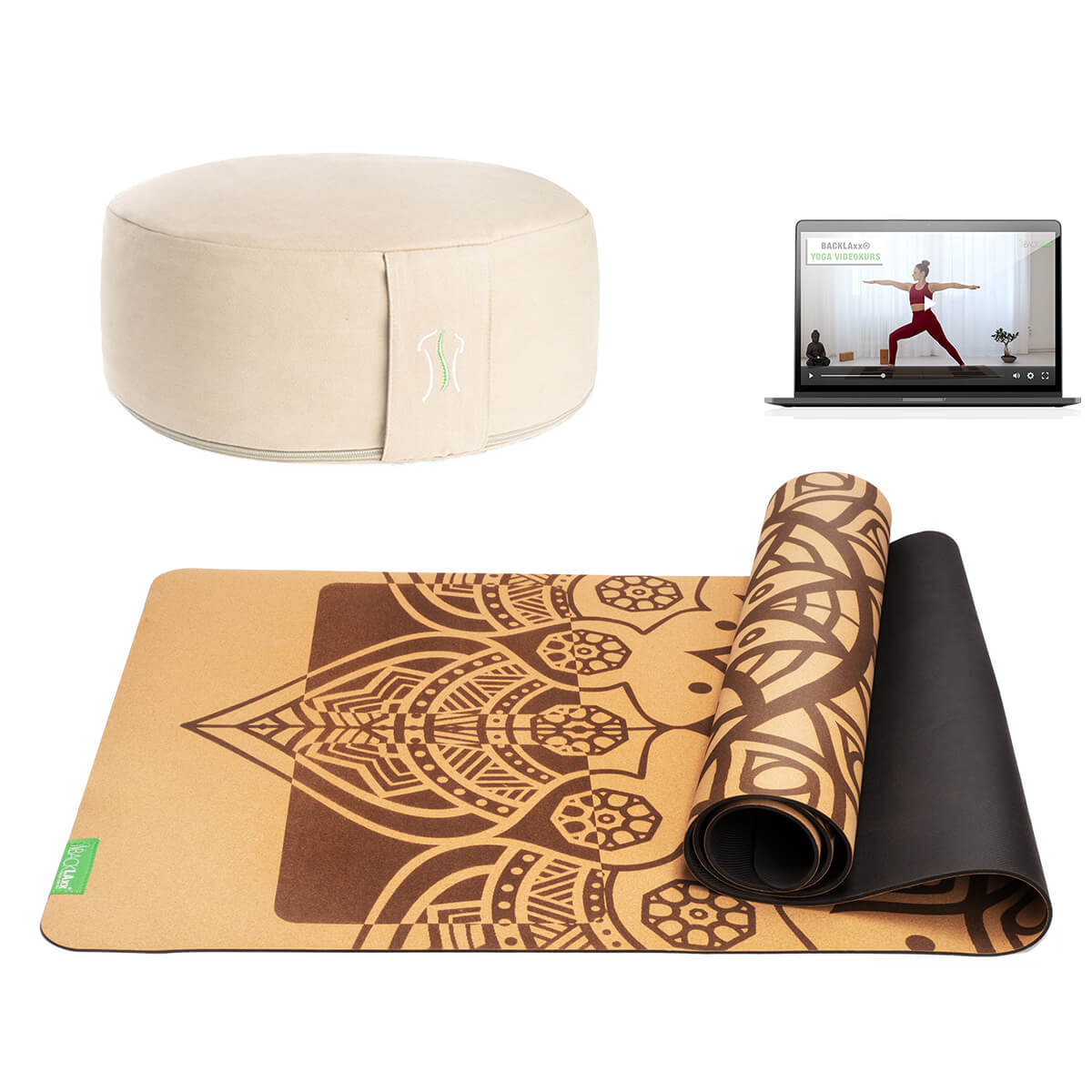 BACKLAXX Meditationsset mit naturfarbenem Meditationskissen und brauner Yogamatte mit Mandala-Muster - Inklusive Online-Yogakurs für ganzheitliche Entspannung

